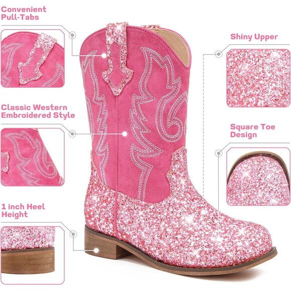 Unisex Child Pink Mid Calf Glitter Toddler Cowboy Boot Little Big Kids Western - Picture 3 of 7